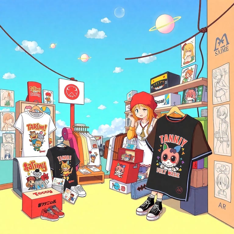 Artistic composition featuring anime merchandise and clothing in a vibrant setting with manga-style illustrations