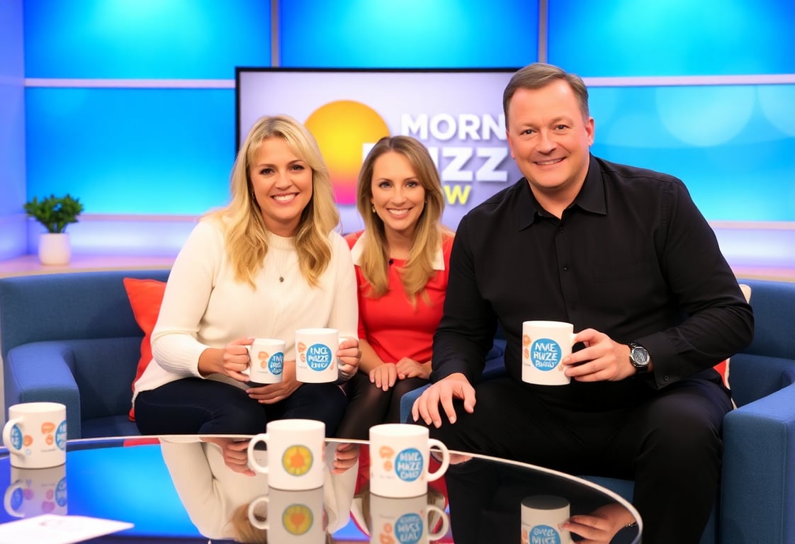 Morning Buzz show hosts in a blue-themed studio with coffee mugs