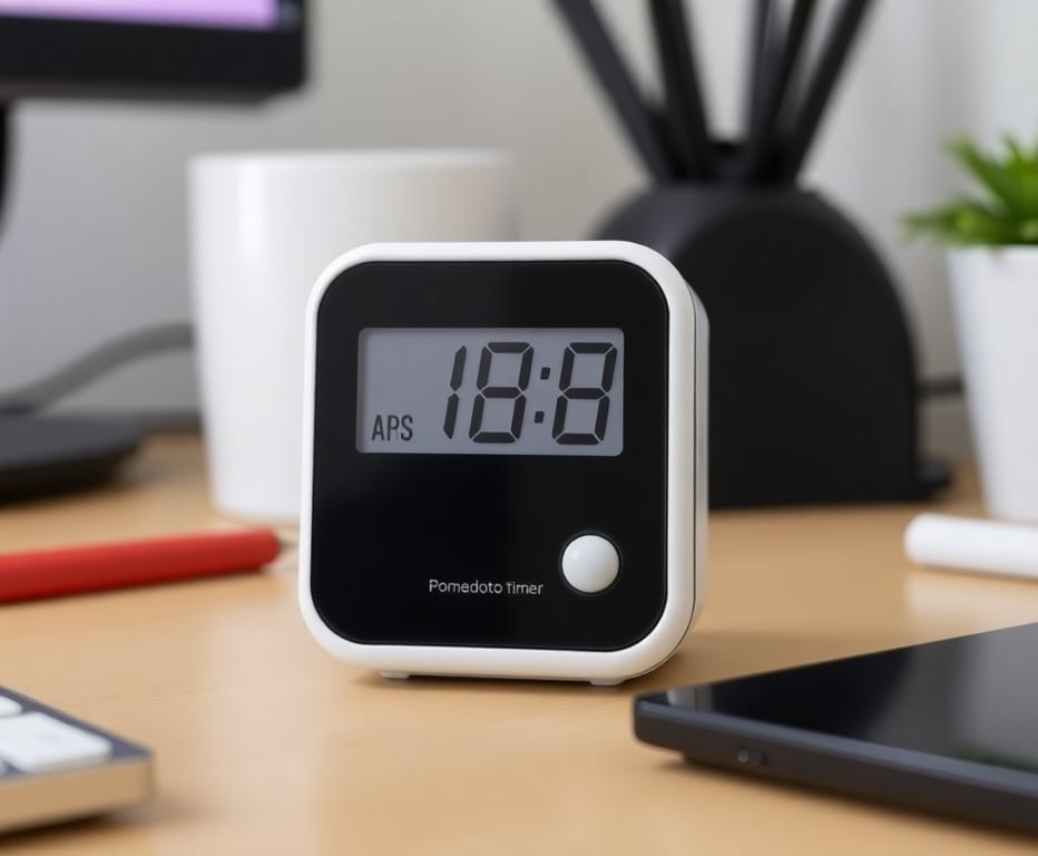 Cherry Pomodoro timer device on a desk, showcasing its sleek design and clear display