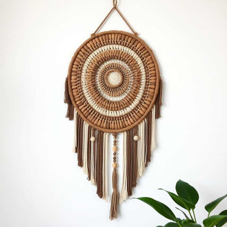 Decorative wall hanging made from natural fibers and wooden beads