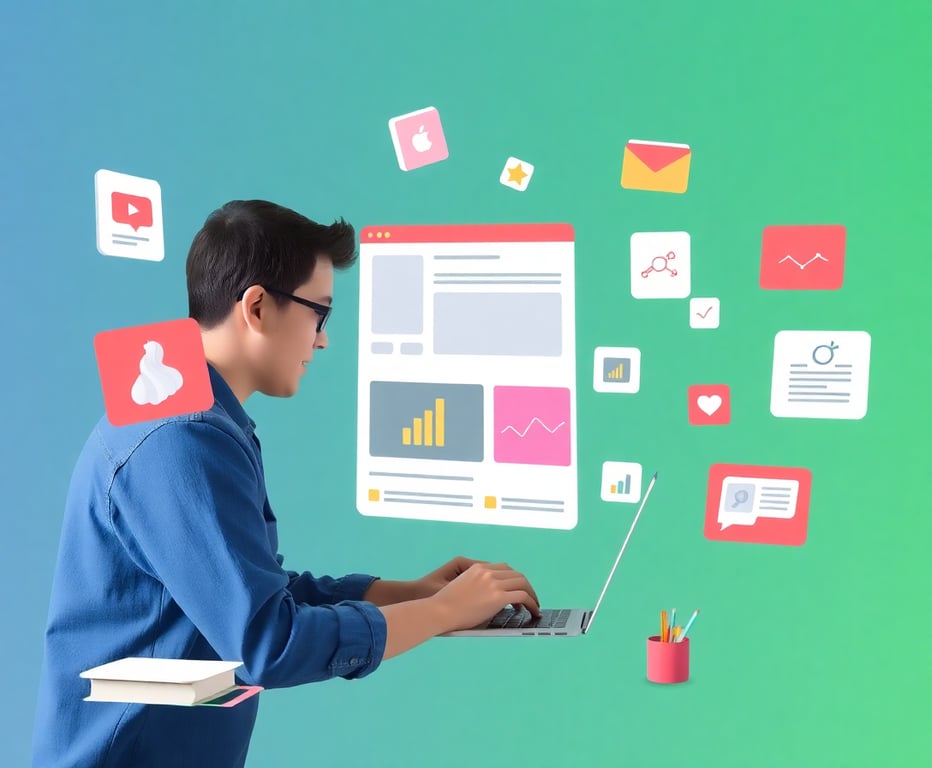 Student working on educational projects with floating UI elements around