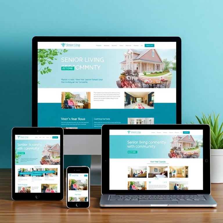 Senior living community website displayed on multiple devices showing responsive design and virtual tours