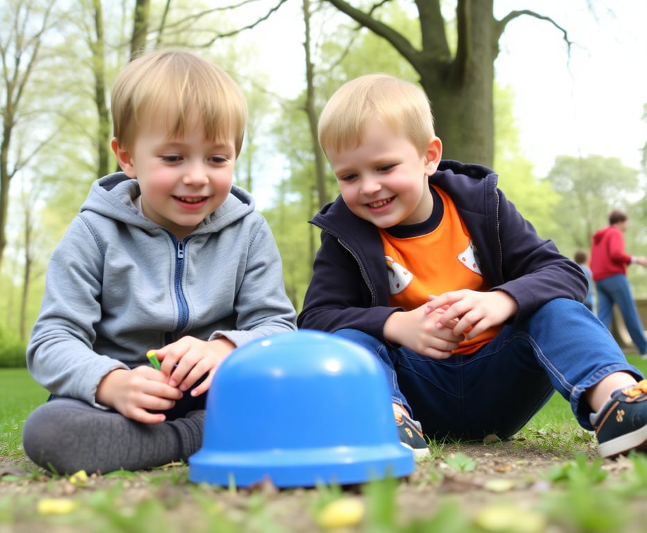 Deux enfants s'amusant dans un parc verdoyant avec des activités éducatives