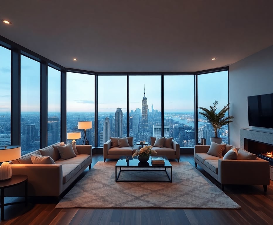 Luxurious Manhattan penthouse living room with panoramic city views