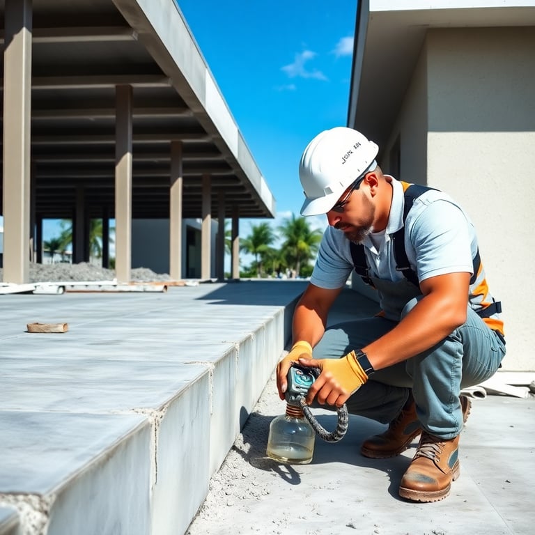 Licensed concrete contractor inspecting quality stamped concrete driveway installation in Fort Lauderdale, Broward County, Florida