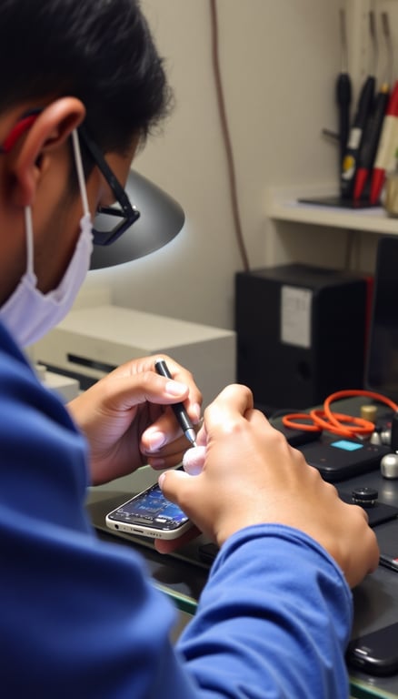 Expert technician repairing mobile phone with professional tools at Apna Mobile Store repair center