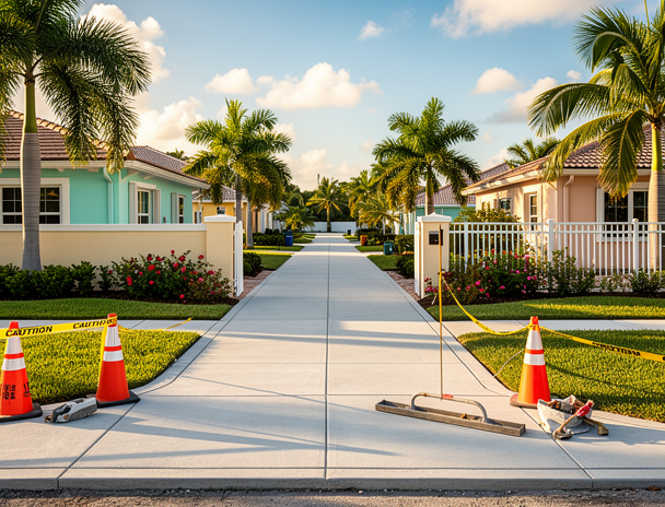 New concrete sidewalk installation in a Fort Lauderdale residential neighborhood