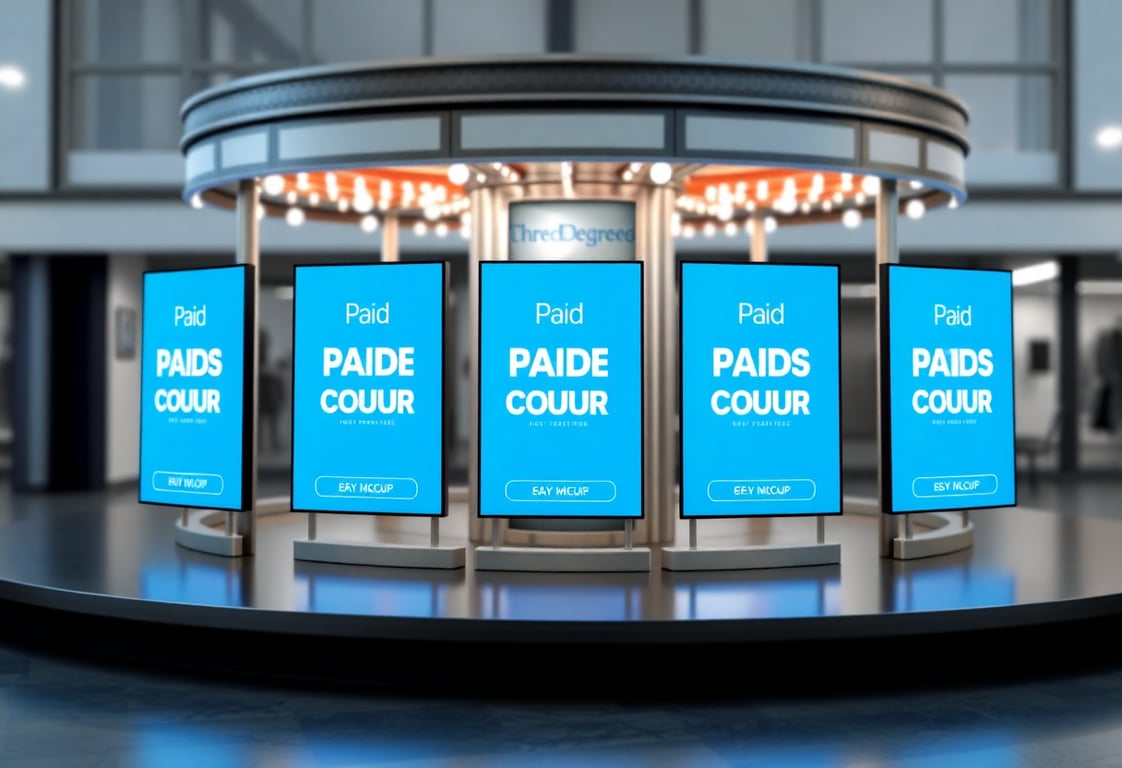 Paid social carousel ad mockups in blue and white theme for Three Degrees Marketing