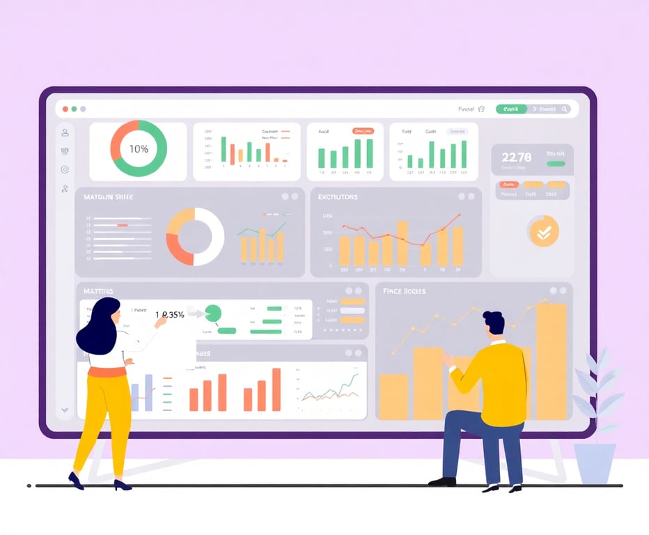 Illustration of people managing finances on a large digital dashboard with charts and graphs