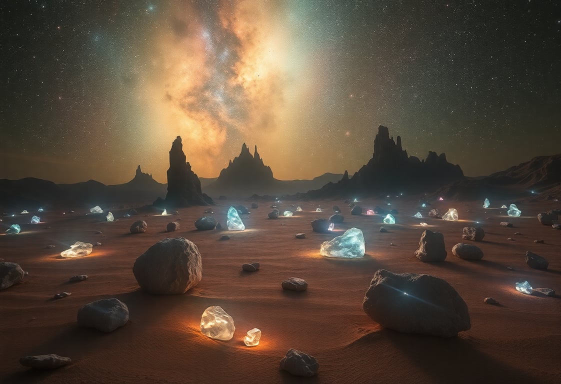 Paysage alien avec cristaux lumineux et atmosphère étrange