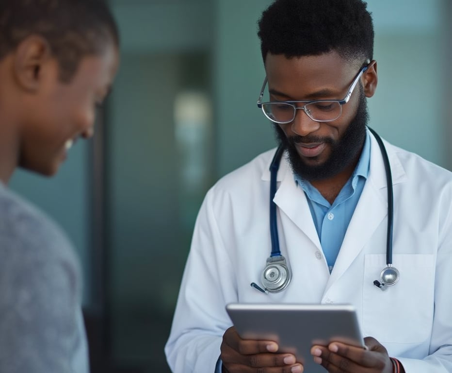 black male Medical professional reviewing patient information on tablet, showcasing our digital consultation process