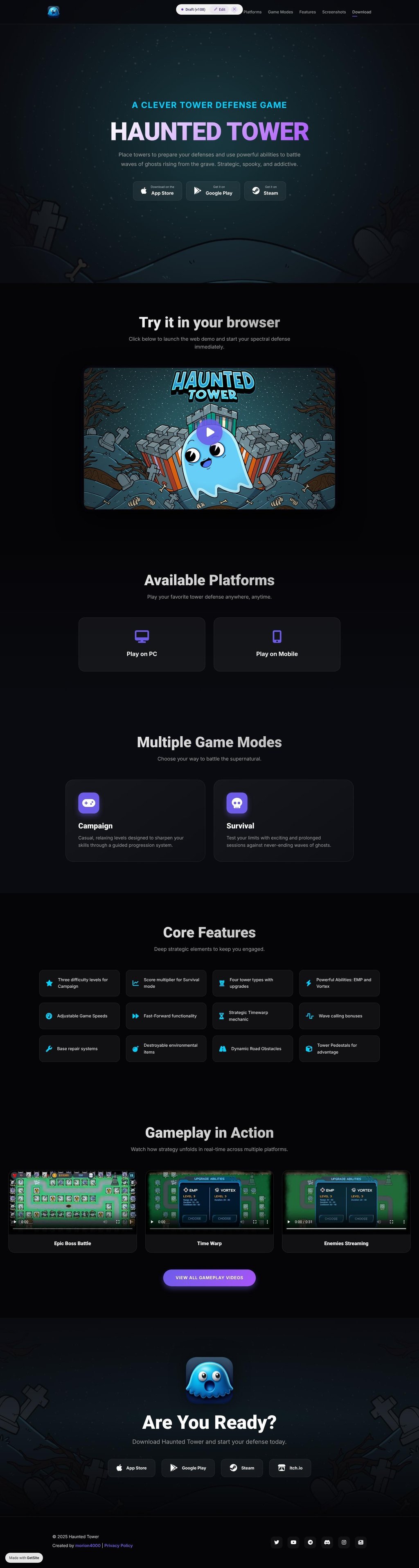 Haunted Tower game landing page design