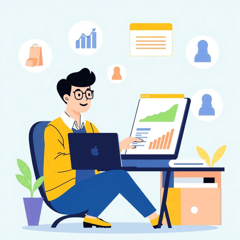 Illustration of an entrepreneur managing their online store with analytics and customer engagement icons