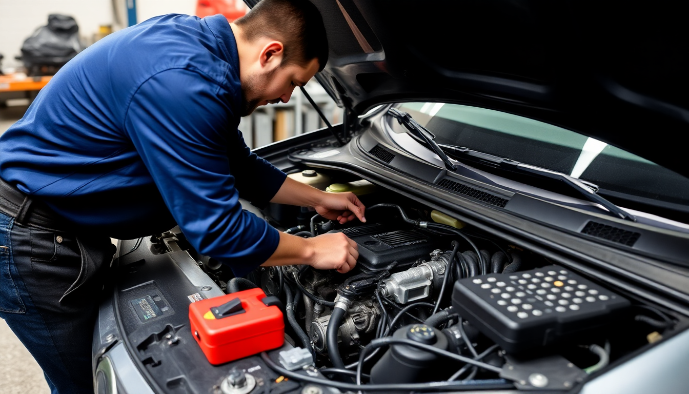 Professional mobile mechanic working on a car engine at customer's location with tools and diagnostic equipment
