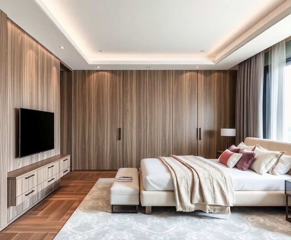 Modern bedroom design with custom millwork and sophisticated textiles