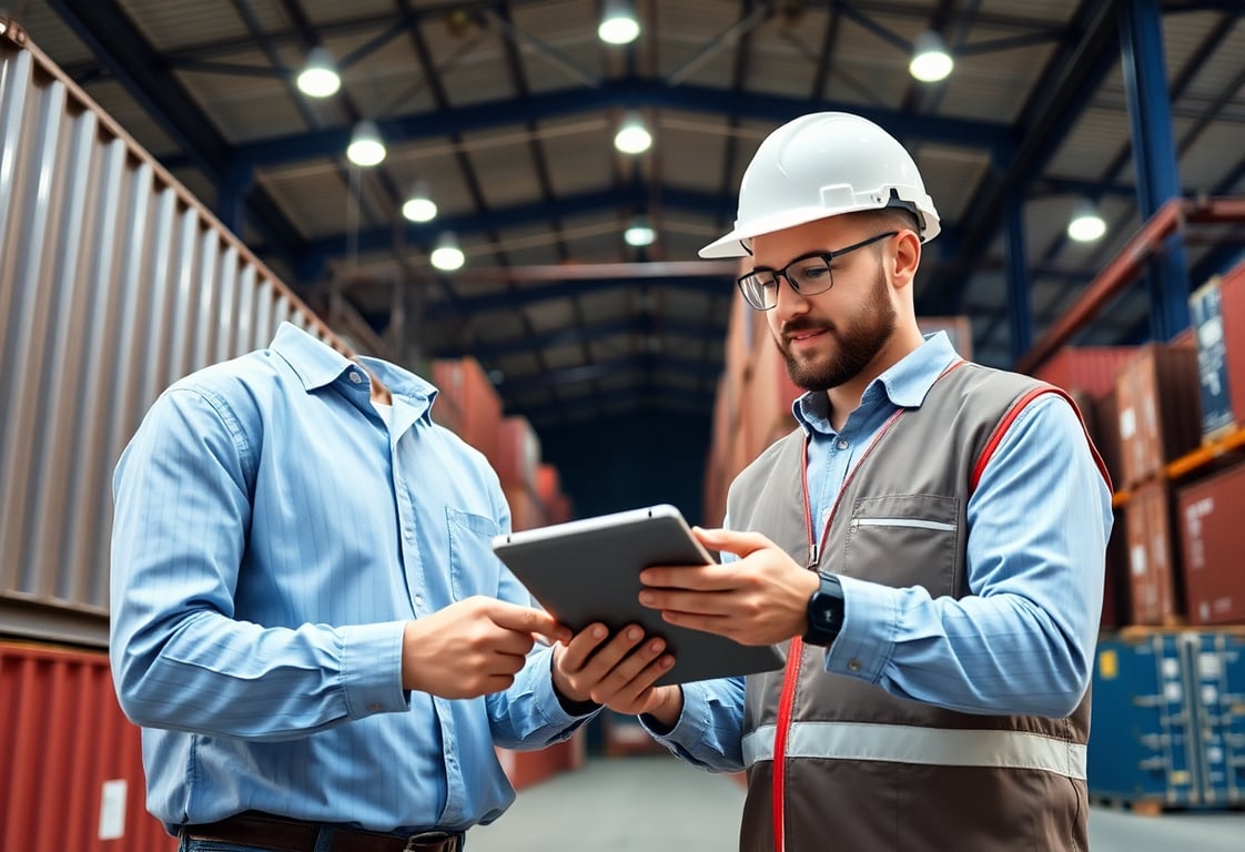 Logistics professional managing cargo with digital tablet