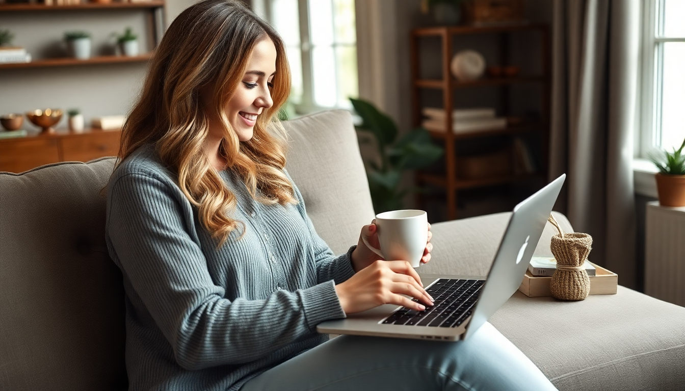 Mom working on laptop at home with coffee for side hustle blog