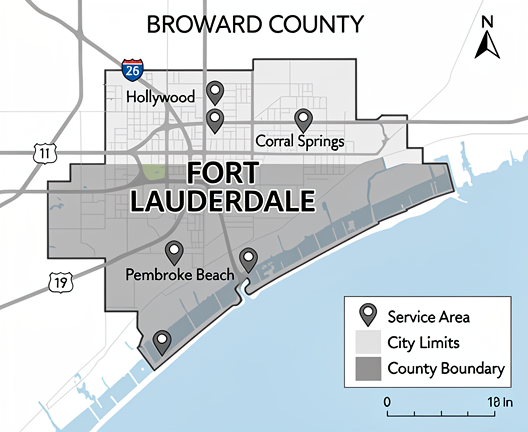 Map of Fort Lauderdale and Broward County concrete service area