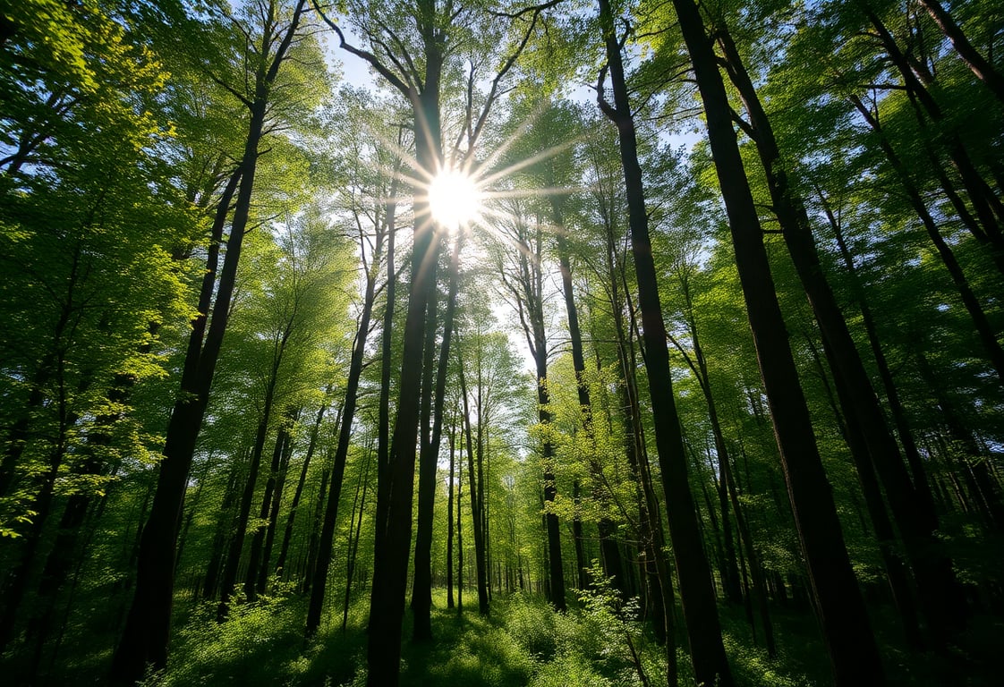 Forêt dense avec rayons de soleil filtrant à travers les arbres