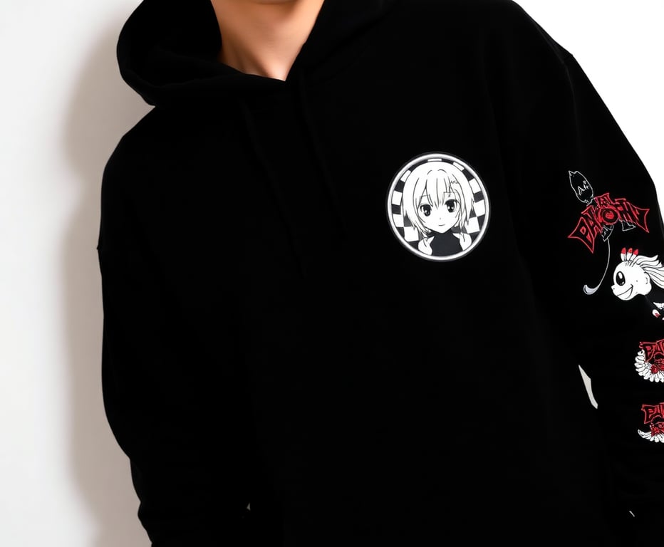 Black hoodie with anime character patch and sleeve prints