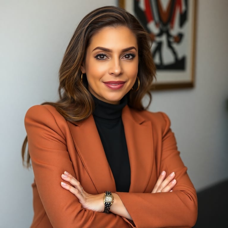 Foto de Luciana Ferreira, corretora bem-sucedida, com expressão confiante e profissional