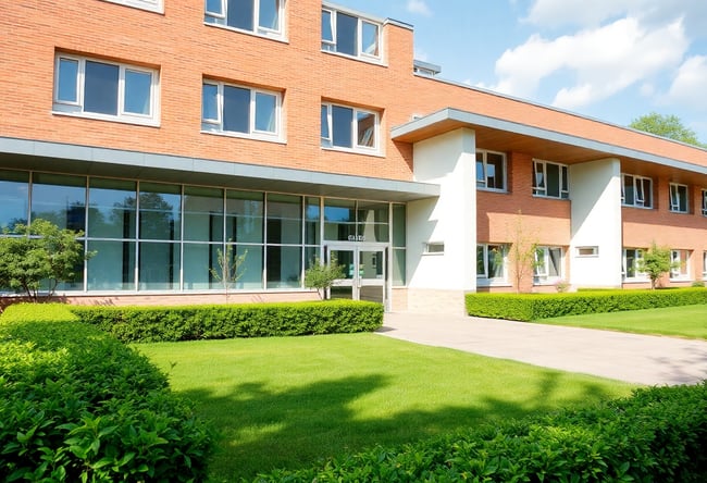 Modern School Facade with Lush Gardens