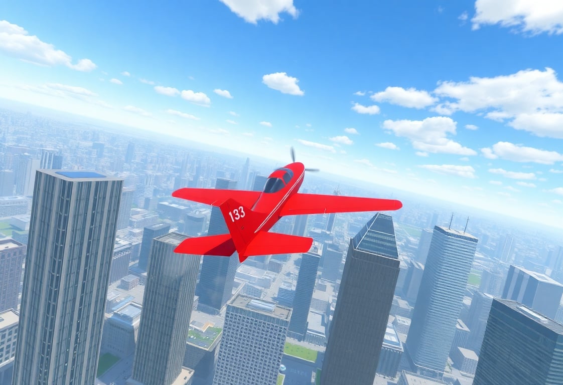 SkyPilot screenshot of a plane flying between skyscrapers in a city environment with impressive 3D graphics