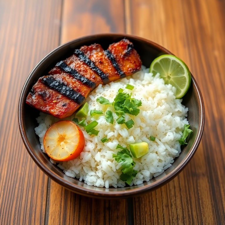 Rice bowl with grilled meat and vegetables
