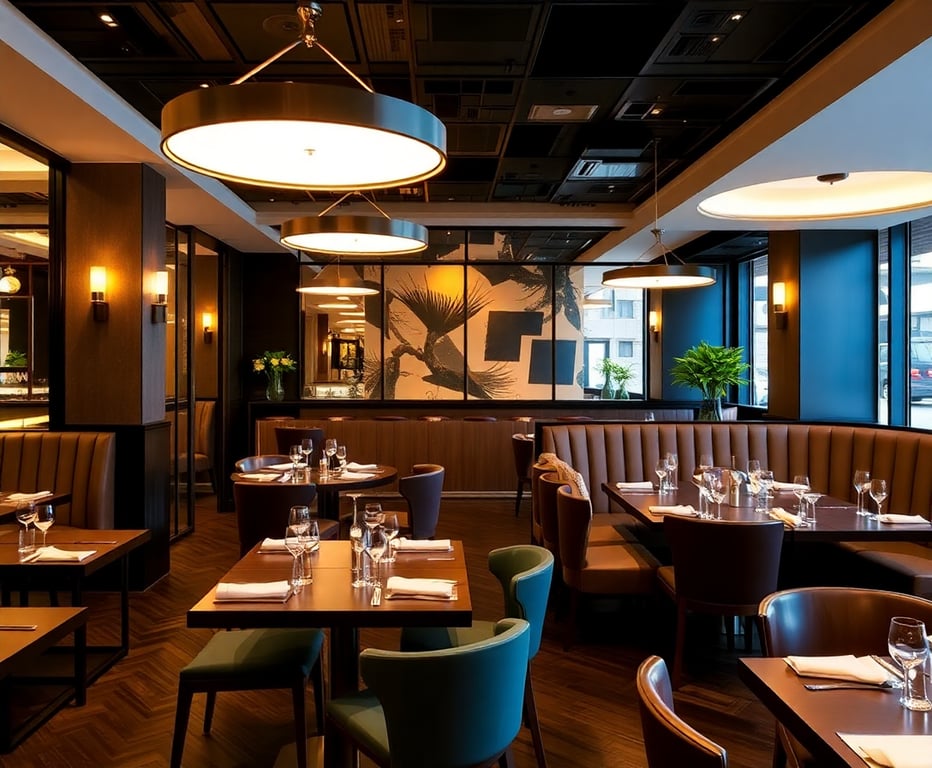 Elegant restaurant interior with custom furniture and ambient lighting