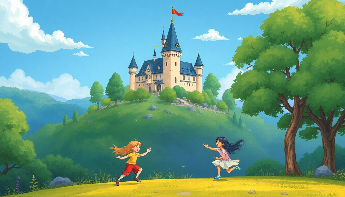 Une illustration colorée montrant des enfants jouant dans un paysage enchanteur avec un château, des arbres et un ciel bleu