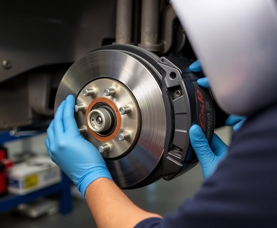 Professional brake pad replacement showing new brake components installed on vehicle