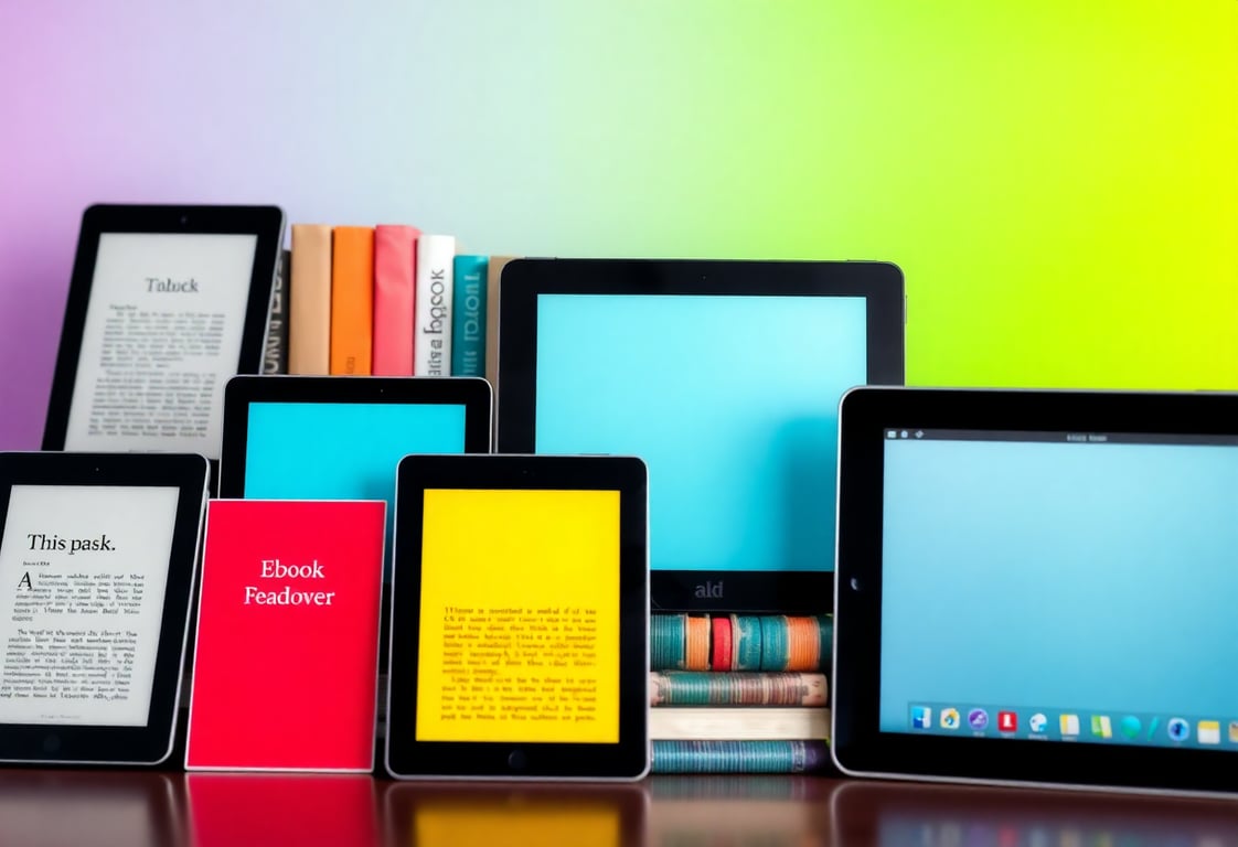 A colorful collection of ebooks displayed on various digital devices including tablets and e-readers for ReadRover ebook store