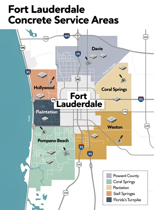 Map illustration of Fort Lauderdale Concrete service areas across Broward County Florida