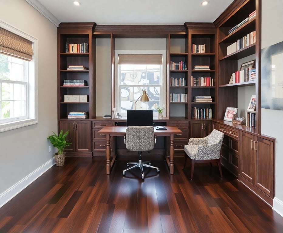 Dark walnut hardwood floors in a home office with custom built-in shelving