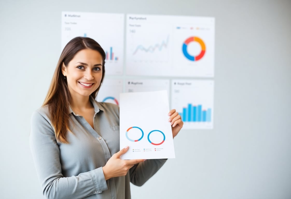 Professional woman holding project management charts and analytics displays, showcasing PilotPartners platform features