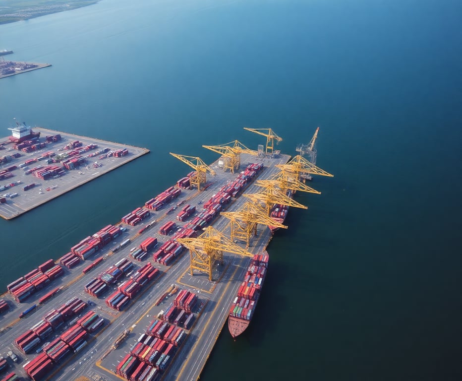 Aerial view of a container port showing extensive logistics operations