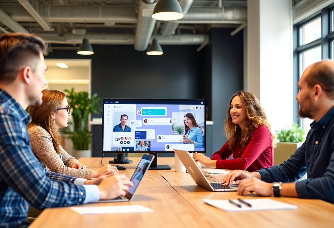 People using ChatFlow app to communicate in a modern office setting