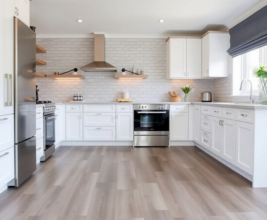 Grey laminate flooring in a contemporary kitchen with white cabinets