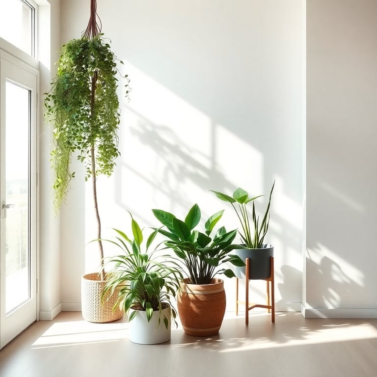 Minimalist interior space with natural light and indoor plants, demonstrating our eye for composition