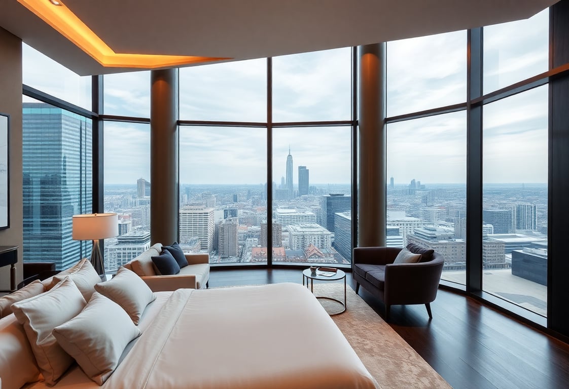 Modern luxury bedroom with floor-to-ceiling windows, designer furniture, and stunning city views
