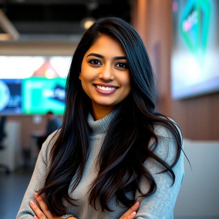 Professional portrait of Priya Patel, a female machine learning engineer with long dark hair working in Edinburgh's tech sector