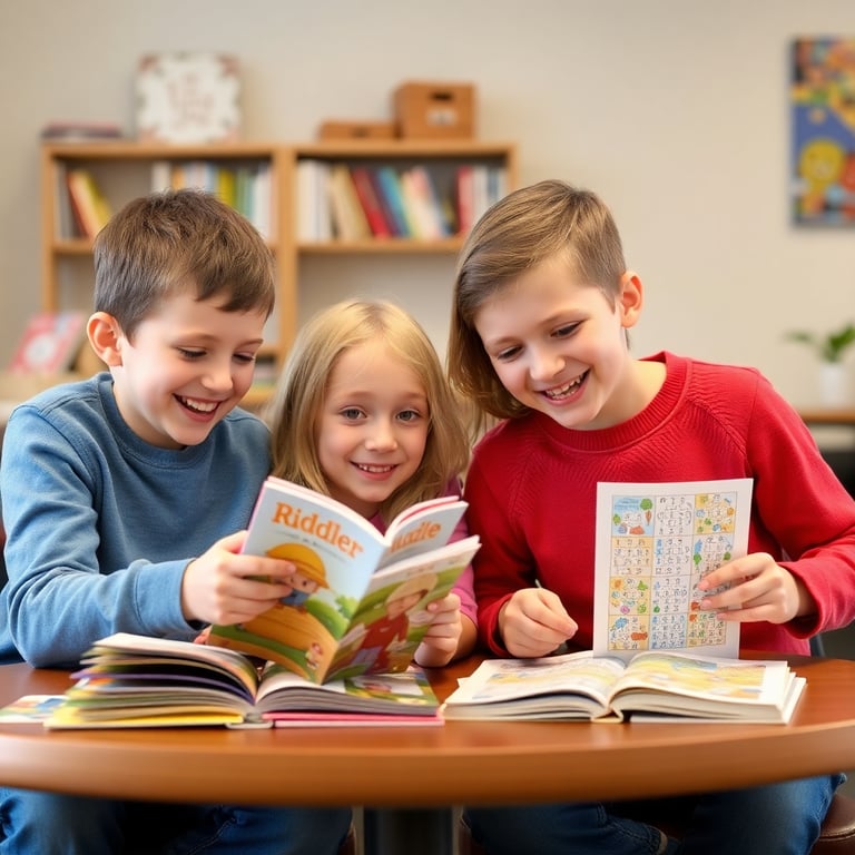 Happy customers solving riddle books together, showing excitement and engagement with the puzzles