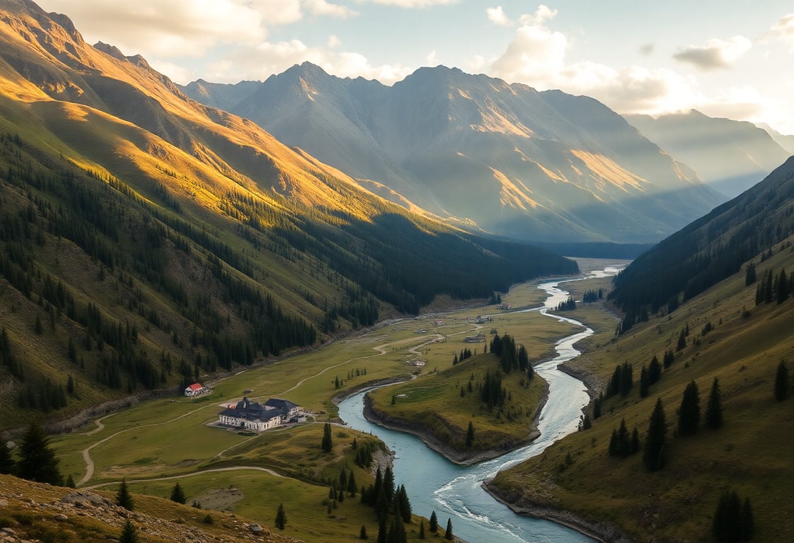 Scenic mountain valley with a winding river, representing our connection to nature and photography