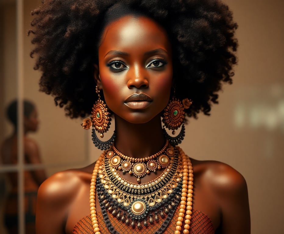 Mannequin portant des bijoux traditionnels africains avec une coiffure afro et des décorations dorées