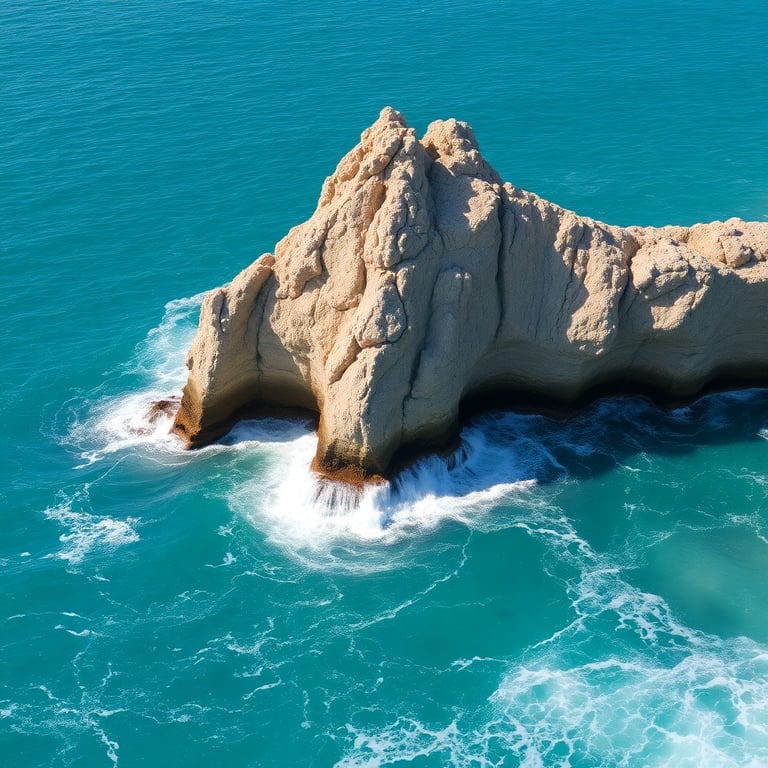 Dramatic coastal rock formation rising from turquoise waters, capturing the raw power of the ocean