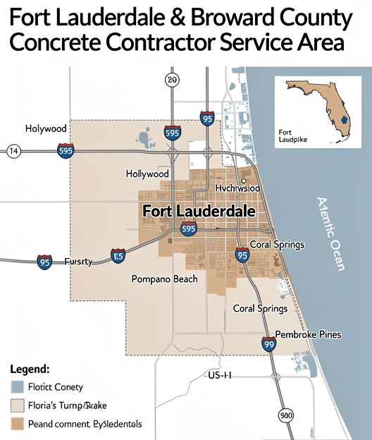 Map of Fort Lauderdale and Broward County concrete contractor service area