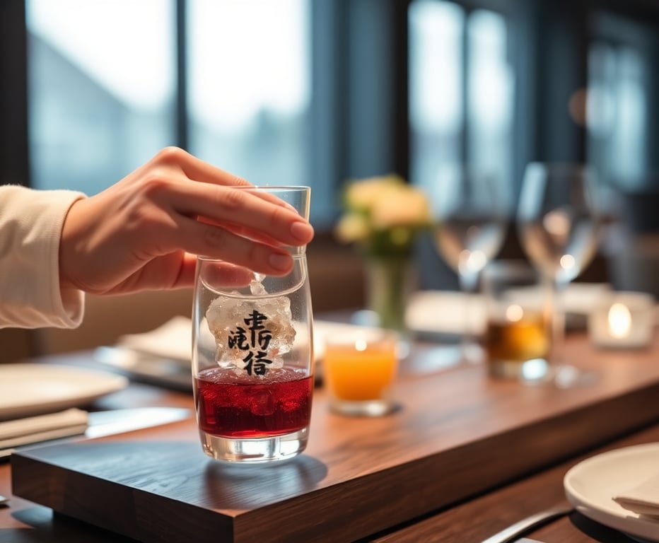 Close-up of Alpin Sake being served in a high-end restaurant setting