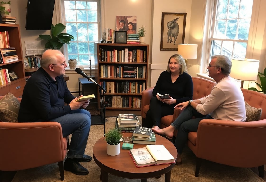 Book Club show host discussing with guests in a cozy studio setting