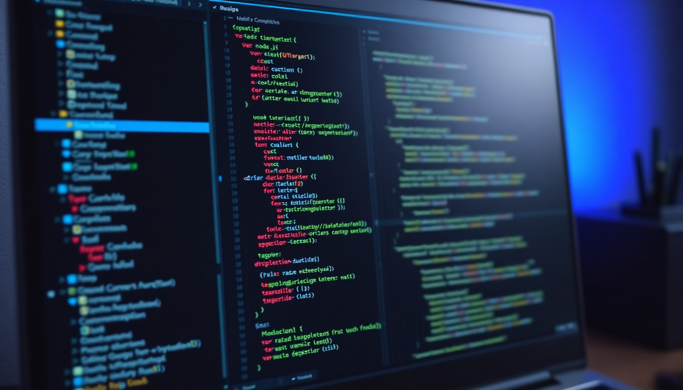A desktop computer displaying a code editor with Node.js and TypeScript code, showcasing the IT consulting services offered by Morion4000