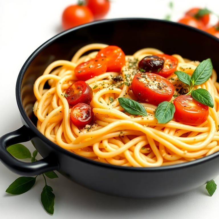 Gourmet pasta dish with fresh tomatoes and herbs in a black bowl